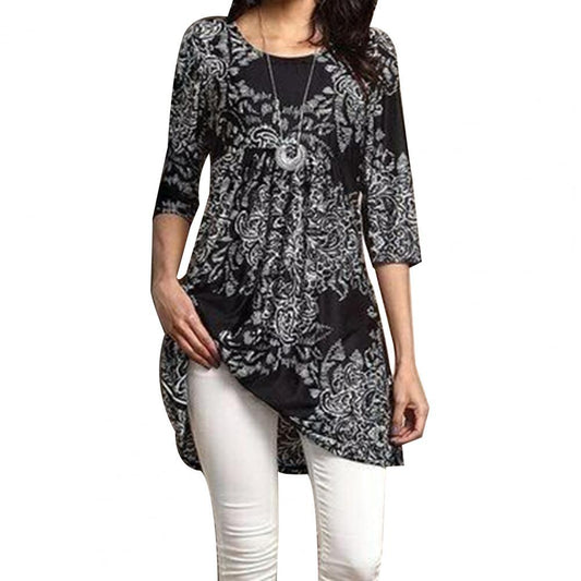 Fashion Women Blouse Digital Black Print Polyester Long Shirt Large Hem 3/4 Sleeve Woman Blouse And Top Ladies Clothing