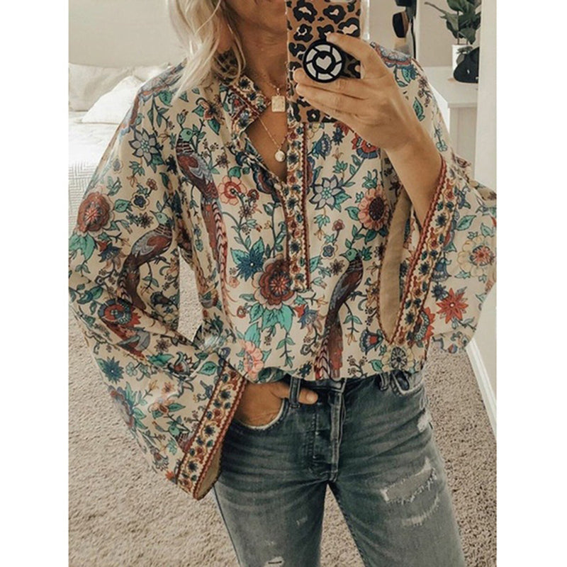 Women Casual Loose Tops Stand V Neck Long Sleeves Button Plus Size Pullover Female Tee Shirts Blouse