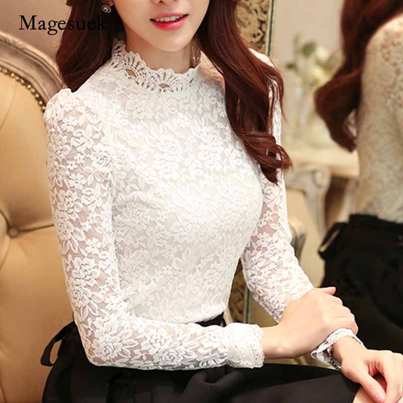 Plus Size Lace Crocheted Hollow Out Top Stand-up Collar White Blouse Woman Sweet Long Sleeve Shirts