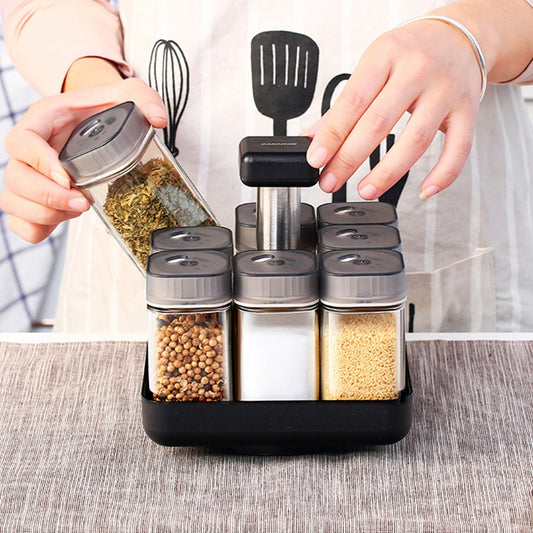 Kitchen Jars For Spices Rotating Glass Cruet Seasoning Jar Set BBQ Pepper Salt Shakers Paprika Bottle Kitchen Storage Rack Jar