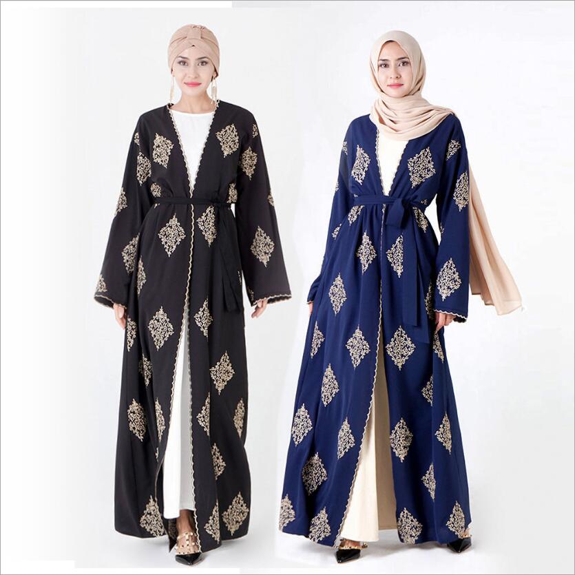 Turkish Dresses Muslim Fashion Thobes Women Gold Thread Embroidery Traditional Arabic Dress Dubai Abaya Cardigan Modest Clothing