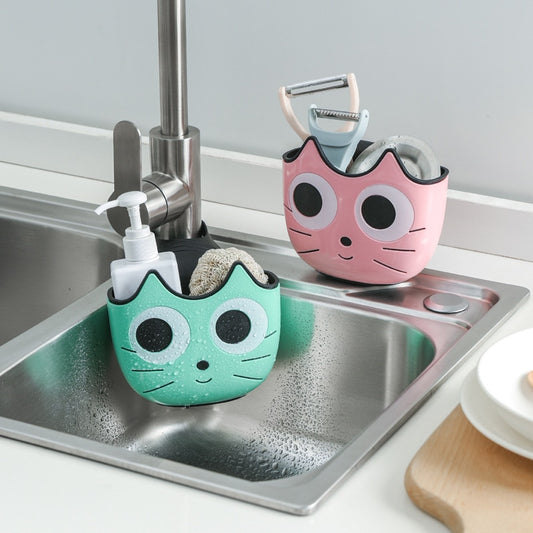 Cute Cat Shape Sink Shelf Soap Sponge Drain Rack Bathroom Holder Kitchen Storage Suction Cup Kitchen Organizer Sink kitch