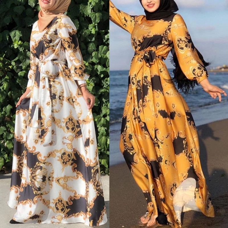 Muslim Maxi Dress O-Neck Dubai Turkey Islam Malay Clothing Lace Up Floral Printting Ramadan Modest Robe for Women Girls