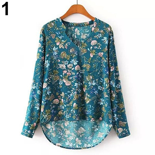 HOT SALES!!!!!! Women Casual Long Sleeve V-neck Floral Print Shirt Chiffon Blouse Irregular Top Sexy Shirt v-neck floral pattern