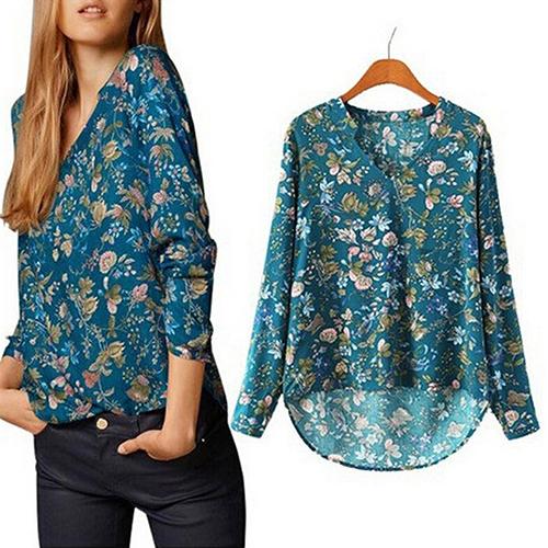 HOT SALES!!!!!! Women Casual Long Sleeve V-neck Floral Print Shirt Chiffon Blouse Irregular Top Sexy Shirt v-neck floral pattern