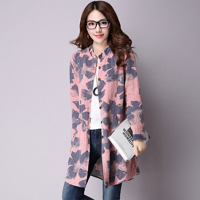 NIJIUDING Spring New Fashion Floral Print Cotton Linen Blouses Casual Long Sleeve Shirt Women  Top With Pockets