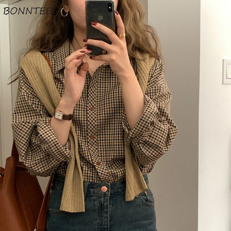 Plaid Shirts Women Elegant Basic Classic Turn Down Collar Retro Loose Office Lady Korean Style Long Sleeve Blouses Femme Clothes