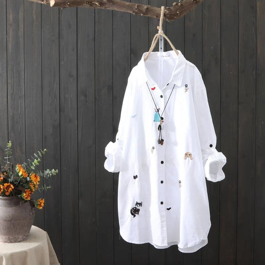 Plus size Cotton Embroidery women loose long white shirts spring autumn NEW casual ladies blouse female tops oversize