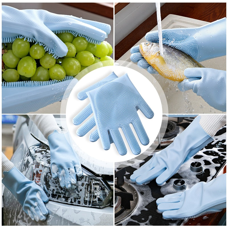 Magic Silicone Dishwashing Scrubber Dish Washing Sponge Rubber Scrub Gloves Kitchen Cleaning 1 Pair