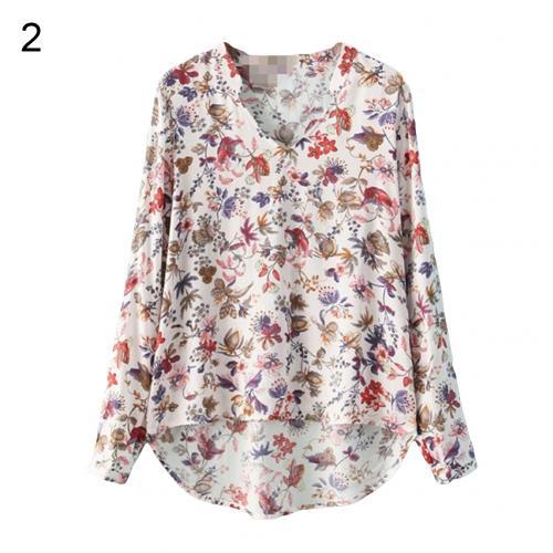 Women  V Neck Long Sleeve Shirt Floral Print - Top Blouse