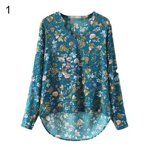 Women  V Neck Long Sleeve Shirt Floral Print - Top Blouse