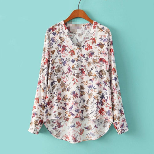 Women  V Neck Long Sleeve Shirt Floral Print - Top Blouse