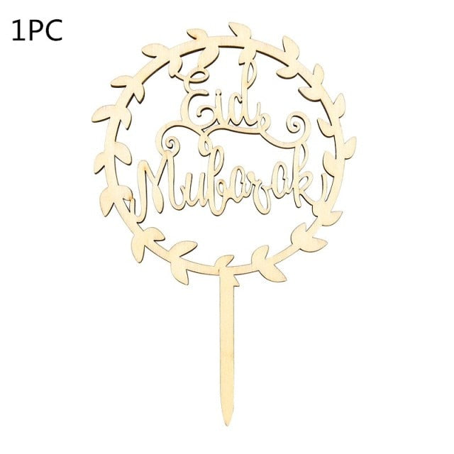 1/10pcs Gold Silver Wooden EID and Ramadan Mubarak Cake Topper