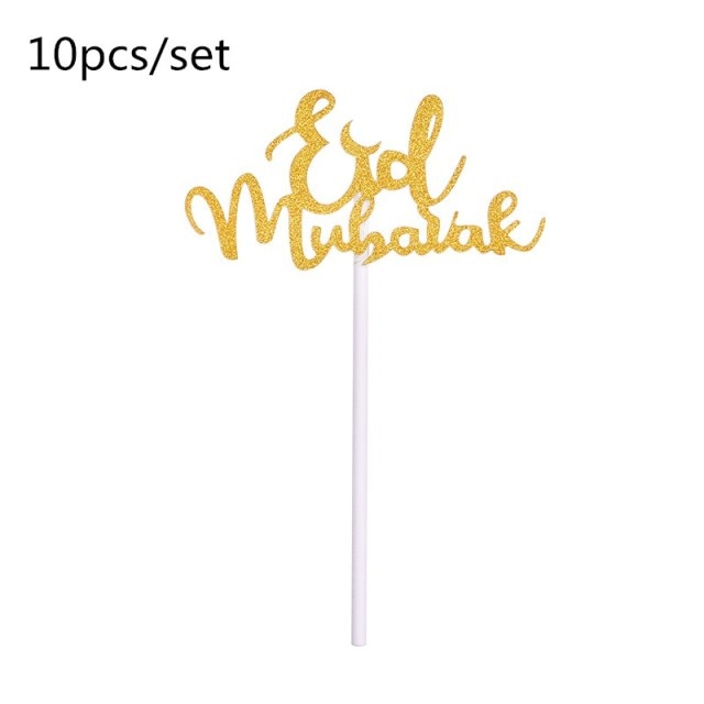 1/10pcs Gold Silver Wooden EID and Ramadan Mubarak Cake Topper