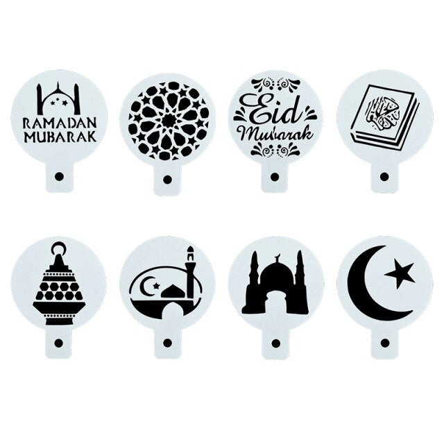 8pcs PET Eid Mubarak Coffee Spray Stencils / Cookie Biscuit Cake Mold Ramadan Mubarak